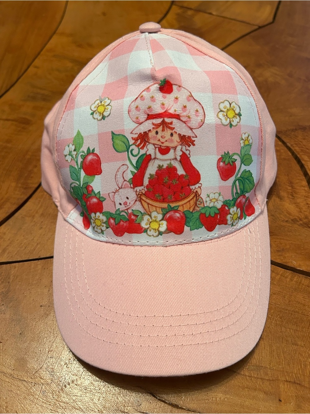 NEW Strawberry Shortcake Checker Hat Pink Bow Girls Cute Adjustable Kids Youth